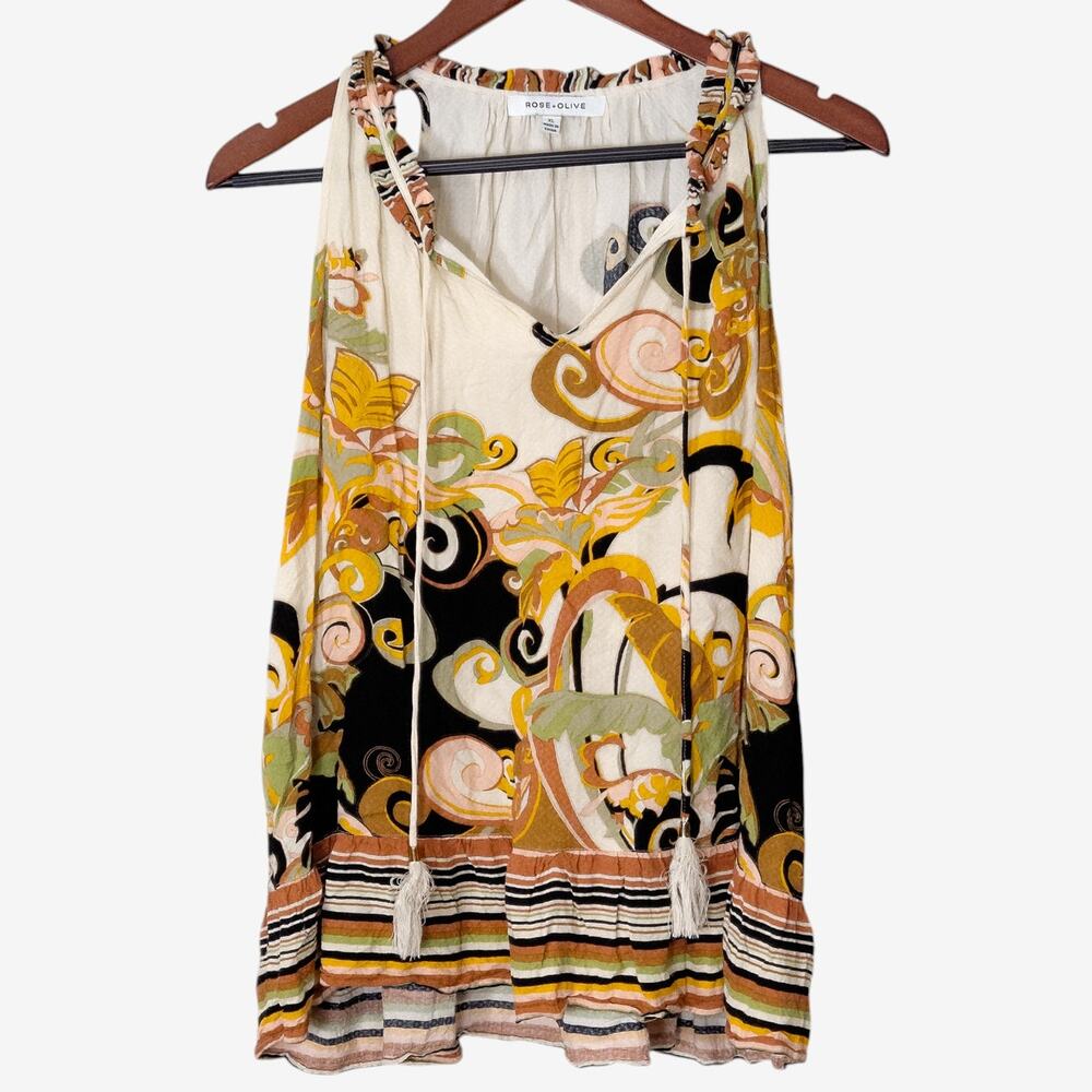 Rose + Olive Boho Tunic Top Cream Orange Size XL Tassel Rayon Resort